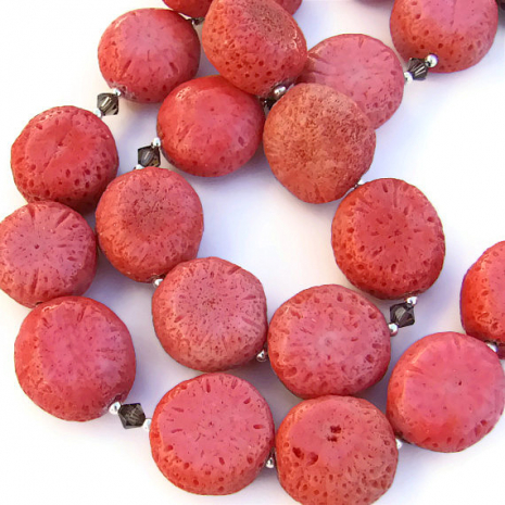 close up of the sponge coral coins in the handmade gemstone necklace