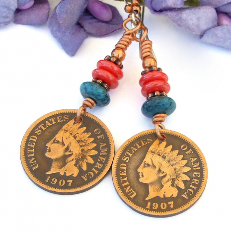 coin jewelry indian head copper penny handmade earrings turquoise coral