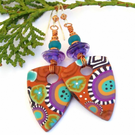 colorful boho shield earrings purple brown aqua