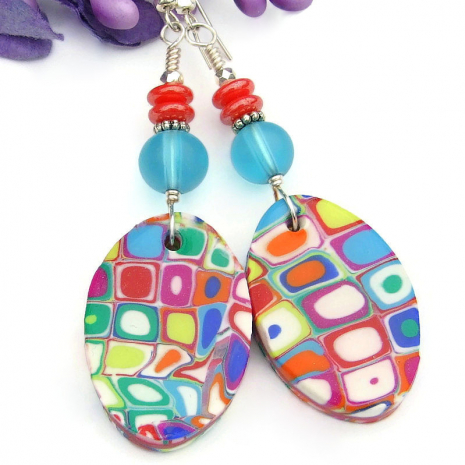 colorful mokume gane handmade earrings red blue aqua green orange lightweight