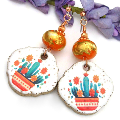 colorful orange green white cactus flower earrings handmade lampwork ceramic