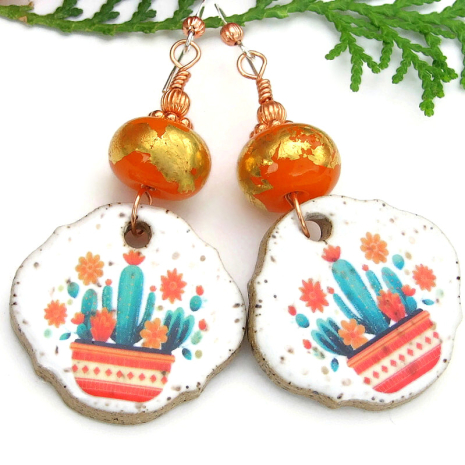 colorful orange green white cactus flower jewelry handmade lampwork ceramic