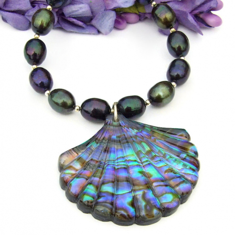 colorful paua shell peacock pearl pendant necklace sterling silver