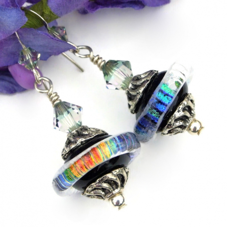 colorful rainbow glass saturn saucer earrings handmade swarovski crystals