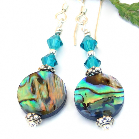 colorful real paua shell earrings swarovski crystals new zealand handmade beach
