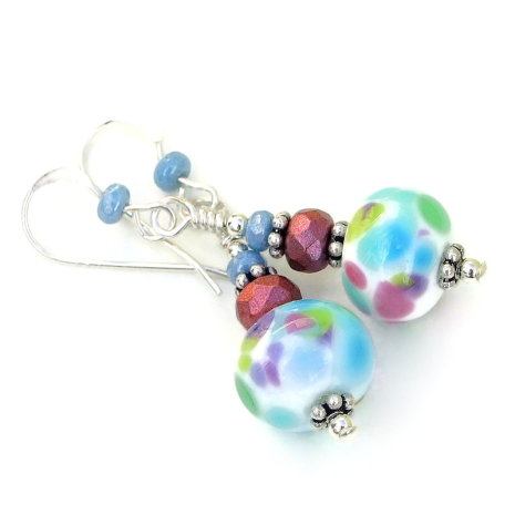 colorful spotted lampwork glass bead earrings handmade gift for her