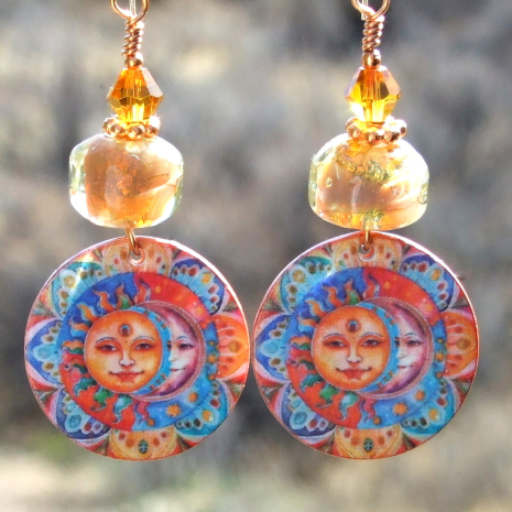 colorful sun moon mandala earrings lampwork crystals polymer clay handmade