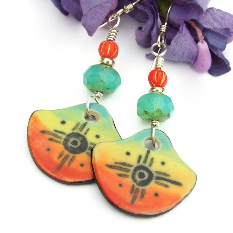 colorful sun symbol handmade earrings aqua opal yellow orange black