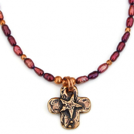 copper bronze cross star believe necklace pearls
