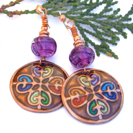copper cross hearts earrings purple lampwork hand painted