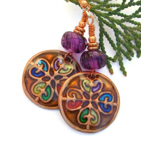 copper cross hearts jewelry purple lampwork hand painted