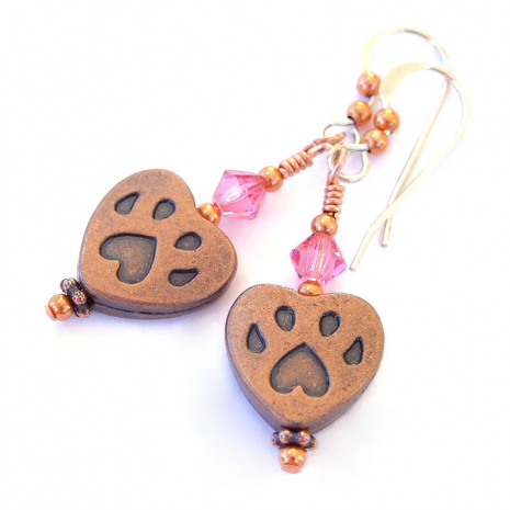 copper dog paw print earrings handmade gift for her