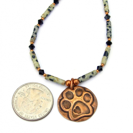 copper dog paw print heart jewelry dalmatian jasper swarovski crystals