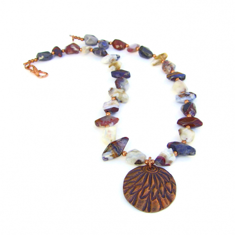 copper feather pendant necklace with mixed agate gemstones