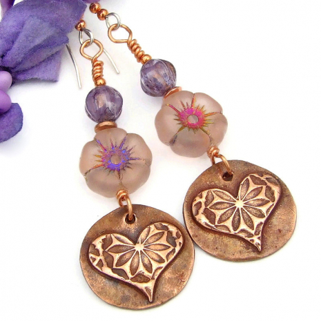 copper flowers hearts jewelry handmade boho glass flower
