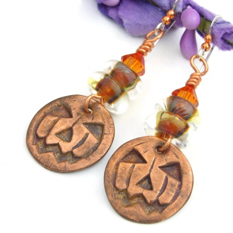copper jack o lantern handmade halloween earrings borosilicate glass swarovski c