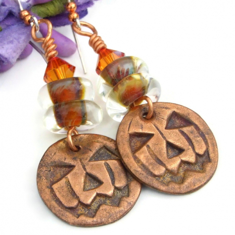 copper jack o lantern handmade halloween jewelry borosilicate glass swarovski