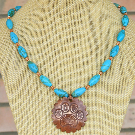 copper paisley paw print necklace turquoise magnesite gemstones