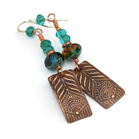 copper peacock feathers jewelry gift for her