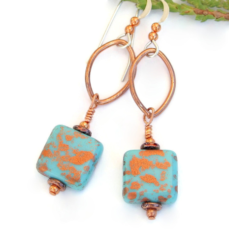 copper splash on turquoise glass handmade jewelry ovals dangles