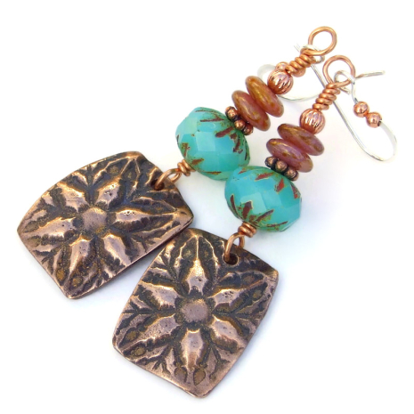copper star flower handmade earrings floral gift for her