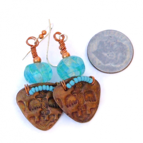 copper thunderbird phoenix rising aqua lampwork earrings