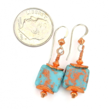 copper turquoise glass earrings handmade jewelry gift