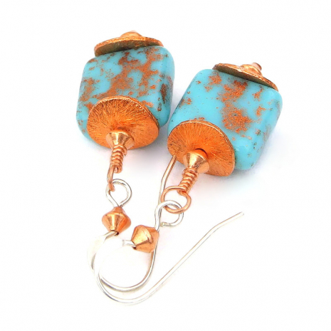 copper turquoise glass jewelry handmade earrings gift