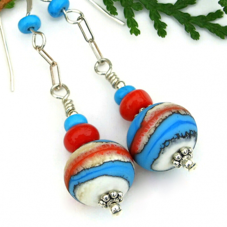 coral red turquoise blue ivory lampwork earrings southwest jewelry