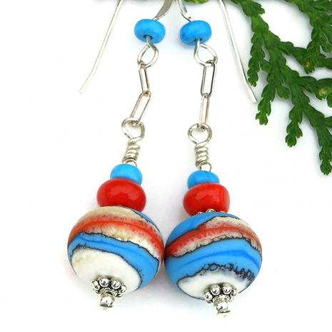 coral red turquoise blue ivory lampwork jewelry southwest earrings