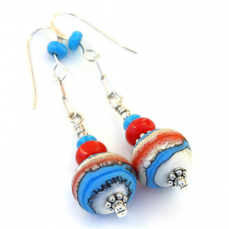 coral red white blue southwest lampwork earrings gift for women