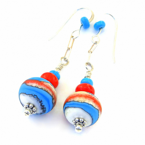 coral red white blue southwest lampwork jewelry gift for women