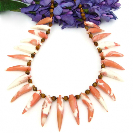 coral spikes tigers eye handmade beach necklace copper
