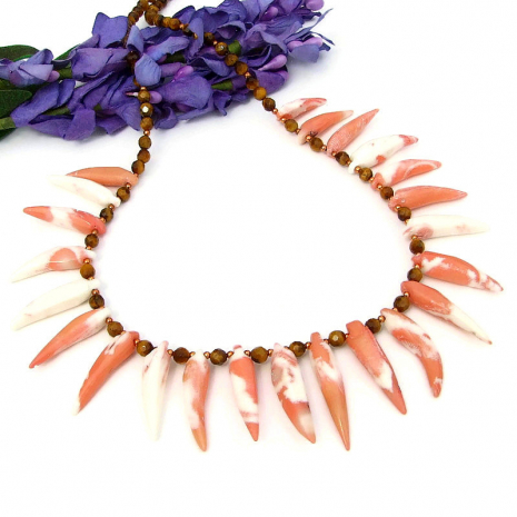 coral spikes tigers eye jewelry gift for women