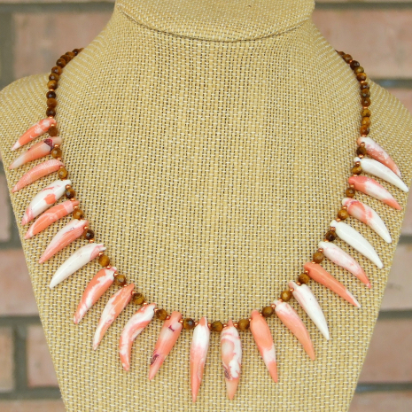 coral spikes tigers eye necklace gift for women