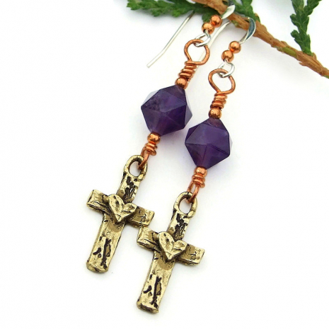 cross and hearts jewelry with purple amethyst gemstones