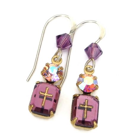 purple intaglio cross earrings crystals handmade jewelry gift