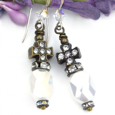 cross earrings handmade italian style white opal crystals crosses jewelry