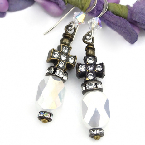 cross jewelry handmade italian style white opal crystals crosses earrings