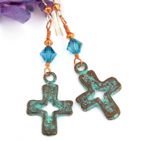 cut out mykonos cross earrings swarovski crystals religious jewelry