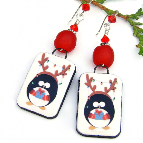 cute penguin christmas handmade jewelry reindeer antlers red glass crystals