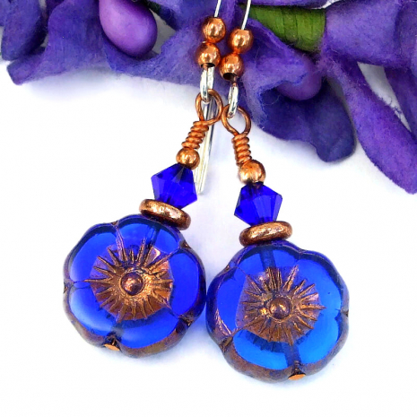 czech glass flower earrings blue copper
