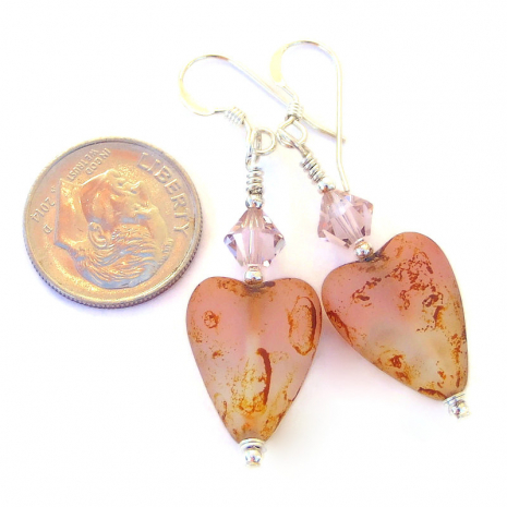 czech glass heart earrings handmade mothers day gift pink orange