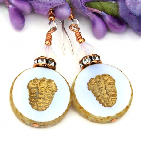 czech glass trilobite earrings white gold handmade crystals