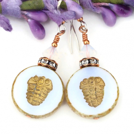 czech glass trilobite jewelry handmade crystals white gold earrings