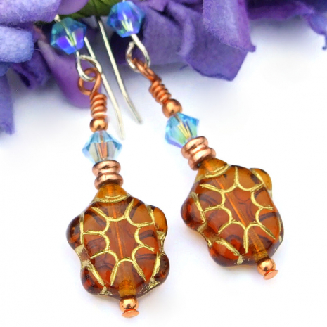 czech glass turtle earrings swarovski crystals