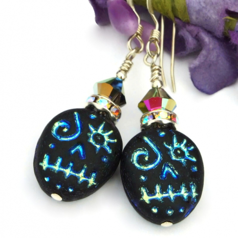 czech glass voodoo halloween earrings swarovski crystals black metallic blue