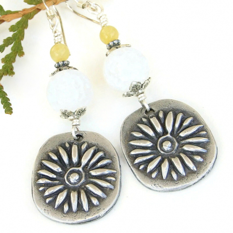 daisy flower gemstones handmade boho jewelry pewter white yellow