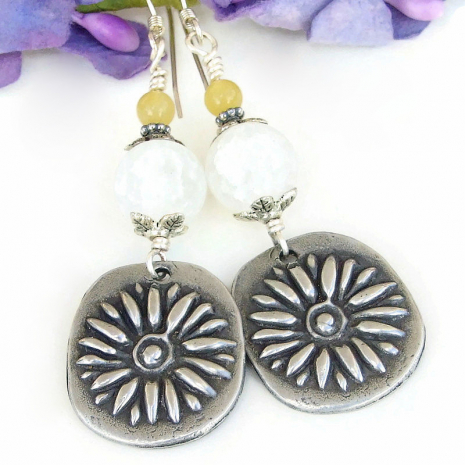 daisy flower handmade pewter charm earrings boho crackle quartz yellow jade