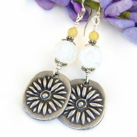 daisy flower handmade pewter charm jewelry crackle quartz yellow jade